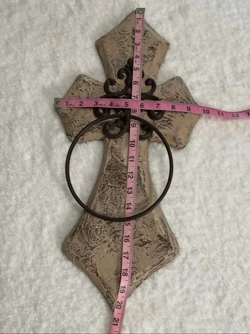 Textured Beige Wall Cross with Dark Bronze Towel Ring